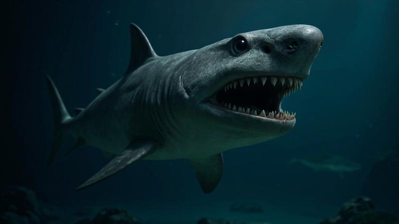 Ilustração 3D do Megalodon.