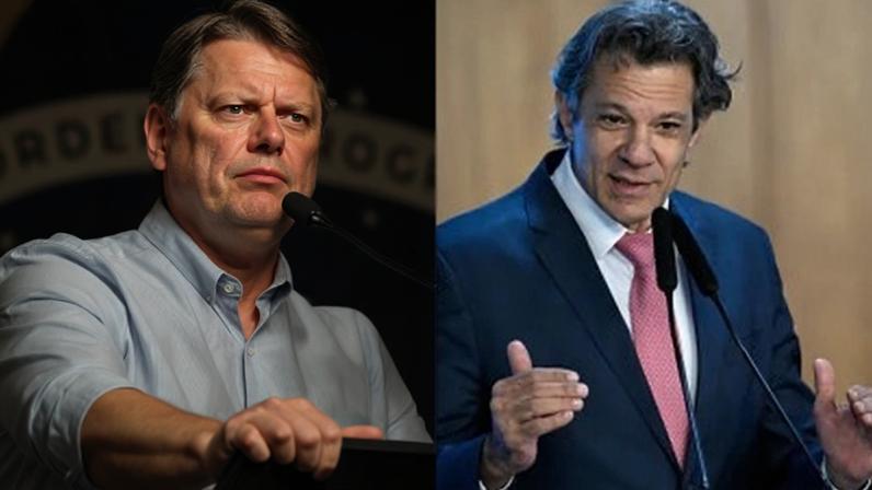 O governador Tarcísio de Freitas (à esquerda) e o ministro Fernando Haddad (à direita)