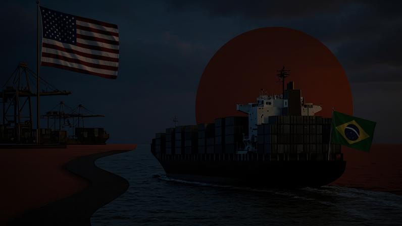 Navio cargueiro com a bandeira do Brasil indo em direção a um porto com a bandeira dos EUA