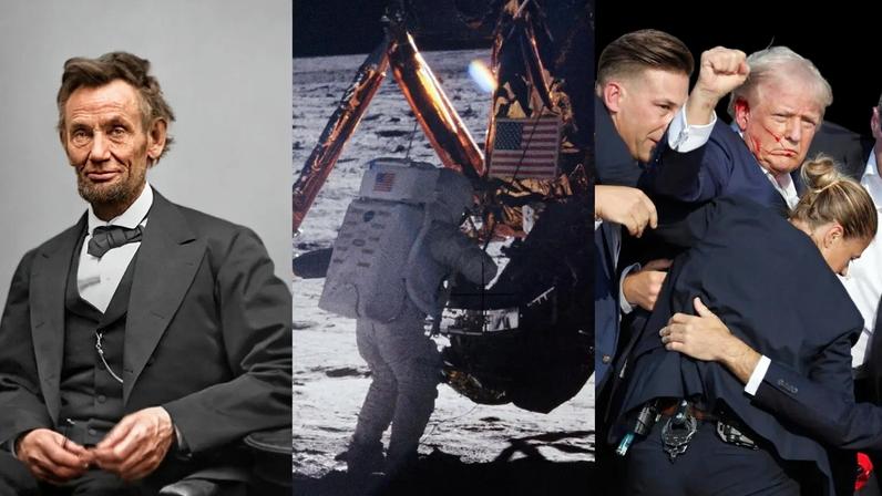 Abraham Lincoln, Neil Armstrong e Donald Trump: personagens cruciais da história. (Foto: Wikimedia e EFE/EPA/DAVID MAXWELL)
