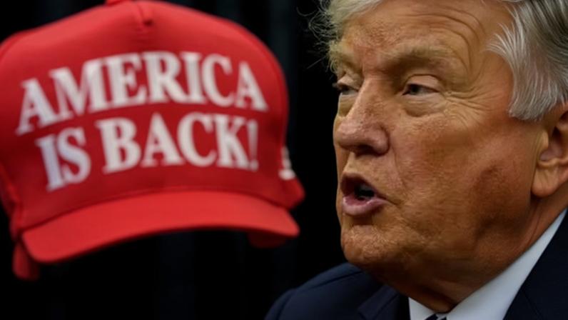 O presidente Donald Trump ao lado de um boné vermelho com a inscrição "A América está de volta!" — Foto: AP/Julia Demaree Nikhinson