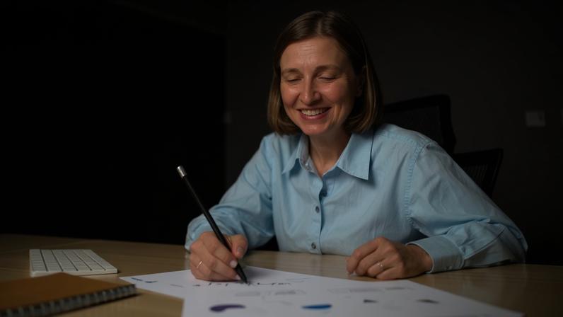 Mulher de camisa azul escreve planejamento financeiro em papéis em cima de uma mesa.