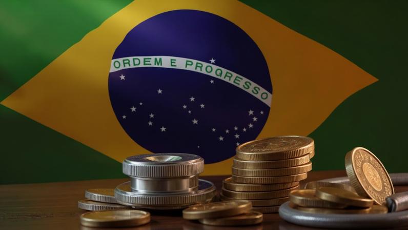 bandeira do brasil com moedas de bitcoin