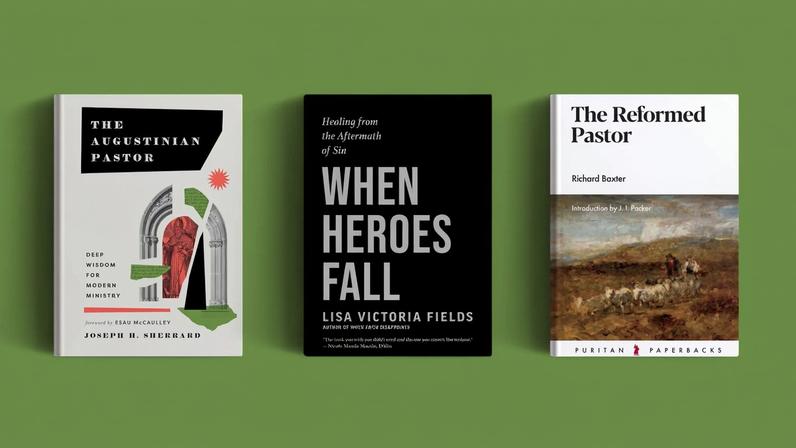 Three books on a green background.