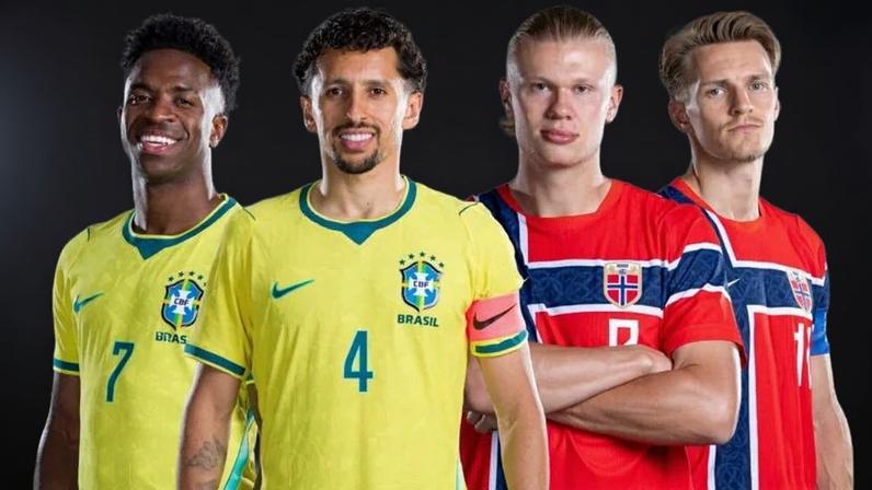 As estrelas do futebol: Vinicius Junior e Marquinhos, do Brasil; Erling Haaland e Martin Odegaard da Noruega