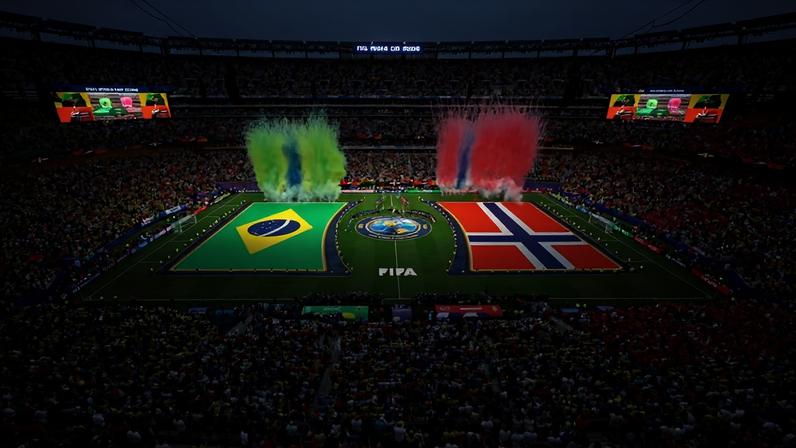 Oitavas de Final - Brasil x Noruega - Estádio New York New Jersey, East Rutherford, Nova Jersey, EUA - 5 de julho de 2026. Visão geral dos jogadores se alinhando antes da partida — Foto: REUTERS/John Sibley