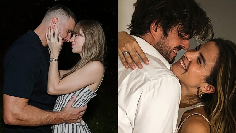 À esquerda, Taylor Swift e Travis Kelce, e à direita, Giulia Be e Conor Kennedy, em seus respectivos anúncios de noivado