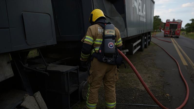 Bombeiro controla fogo em carreta na BR-262