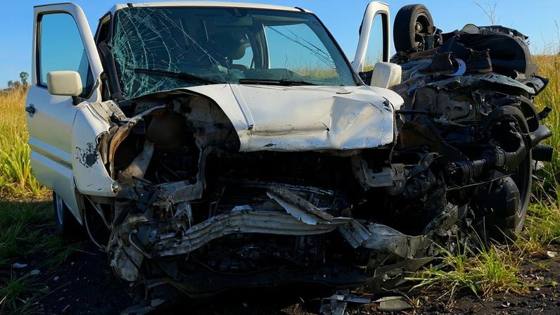 Colisão frontal na MG-050 deixou dois veículos completamente destruídos