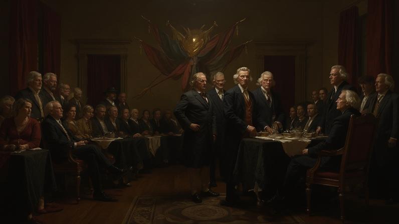 Norte-americanos desenharam instituições e uma Constituição com sistemas que impedem pessoas ou grupos de assumirem o poder absoluto. (Foto: ChatGPT sobre o quadro "Declaração de Independência", de John Tumbull)