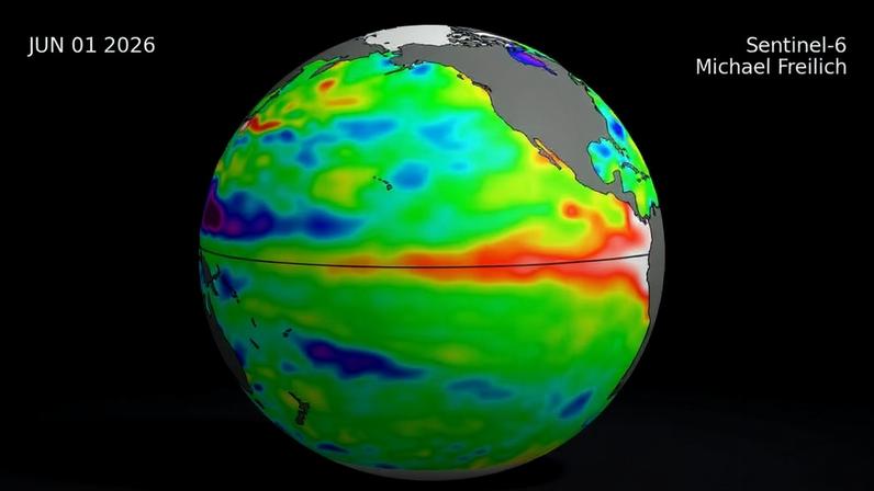 Imagens do satélite mostram variações no nível do mar em junho de 2026; áreas em vermelho indicando águas mais elevadas no Pacífico equatorial, sinal típico associado ao desenvolvimento do El Niño.