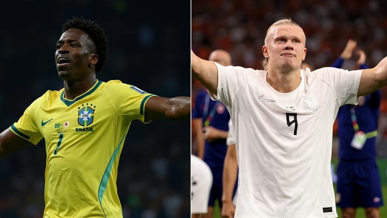 Vini Jr. e Erling Haaland em partidas da Copa do Mundo 2026. — Foto: Reuters