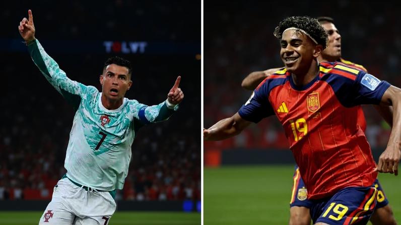 Portugal e espanha se enfrentam nas oitavas da Copa do Mundo de 2026 nesta segunda-feira (6) — Foto: Montagem/g1