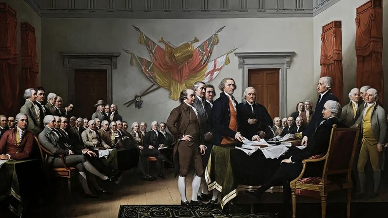 A Declaração de Independência foi redigida principalmente por Thomas Jefferson; na imagem, a pintura "The Declaration of Independence", de John Trumbull, finalizada em 1819