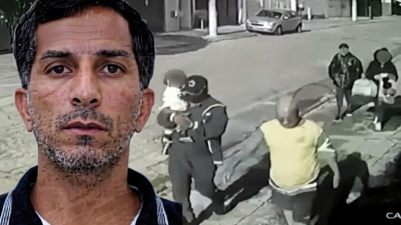 Arte gráfica com rosto masculino, à esquerda, colorido e translucido sobre registro de câmera de monitoramento, em preto e branco, na qual quatro pessoas caminham em calçada - Metrópoles