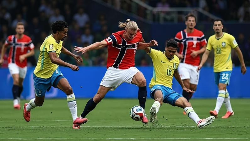 Haaland disputa bola com a defesa brasileira em Brasil x Noruega
