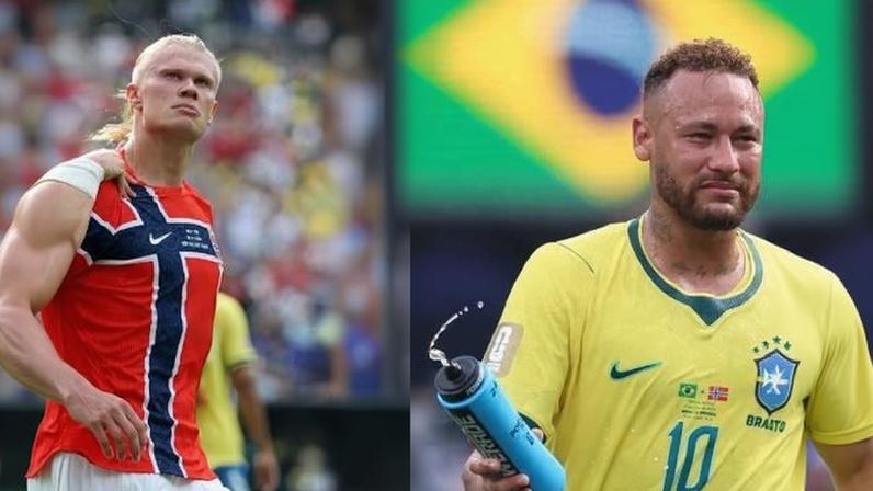 Haaland e Neymar após jogo Brasil 1 x 2 Noruega