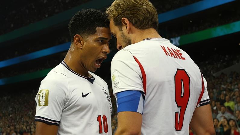 Harry Kane da Inglaterra comemora o terceiro gol ao lado de Jude Bellingham