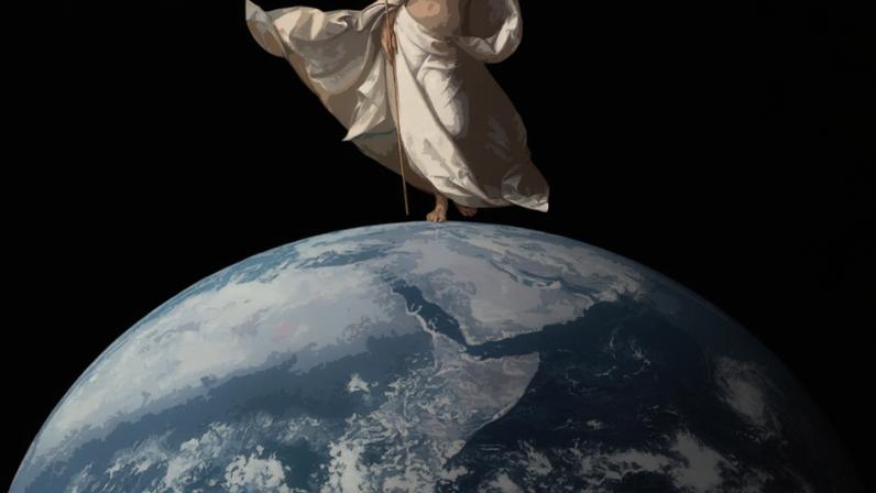 An anime-style illustration of Jesus walking on a globe of earth with a pink sky behind.
