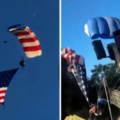 Paraquedista com bandeira dos EUA cai sobre tenda