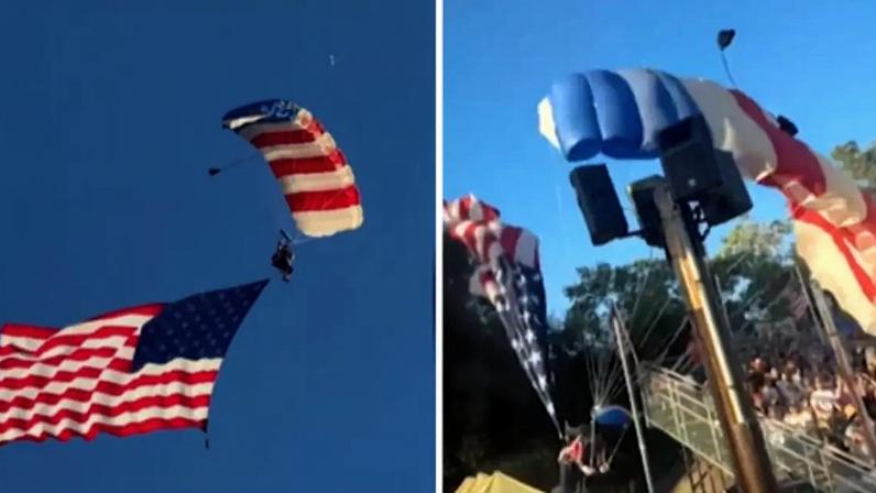 Paraquedista se enrosca em árvore e cai