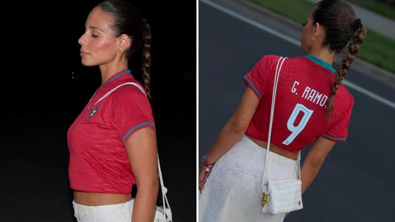 Margarida Amaral Domingues paramentada para assistir ao jogo de Portugal na Copa contra a Croácia, em Toronto