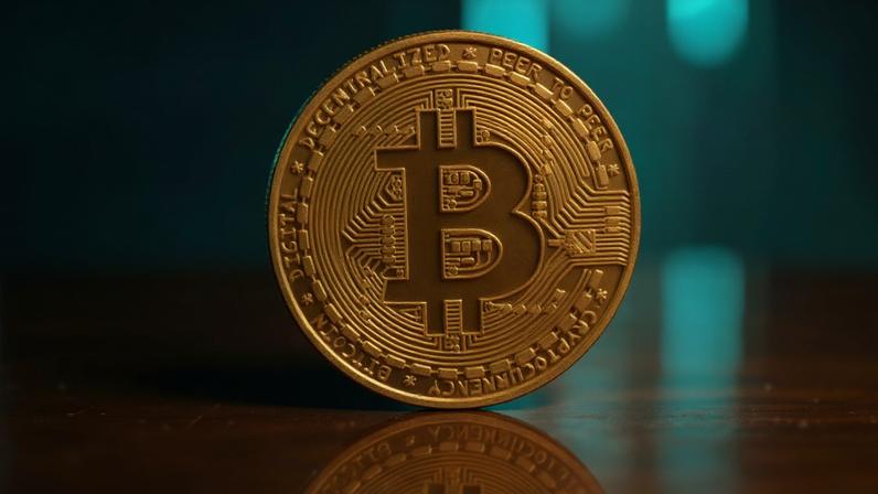 moeda dourada de bitcoin;ao fundo, luzes azuis