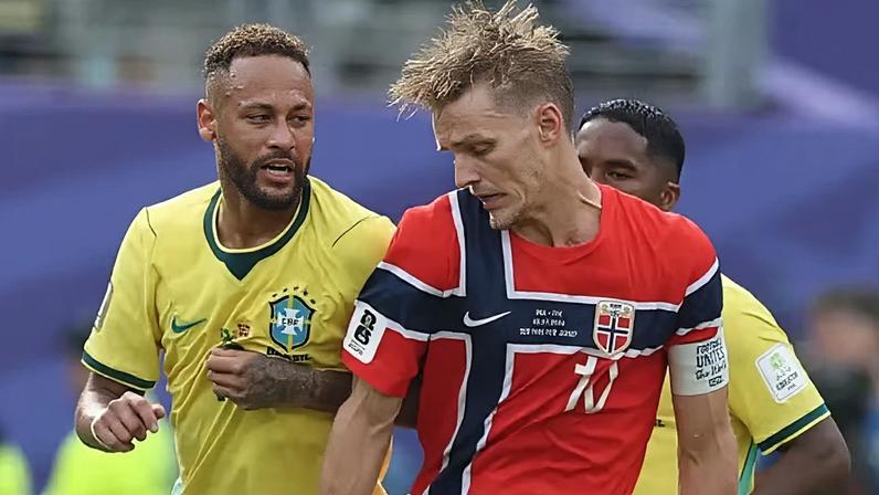 Neymar tromba em Odegaard após diminuir para o Brasil contra a Noruega