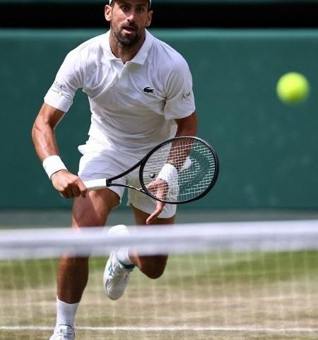 Novak Djokovic em ação na partida contra Roman Safiullin em Wimbledon