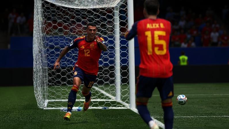 Pedro Porro comemora gol da Espanha contra a Áustria, na segunda rodada da Copa