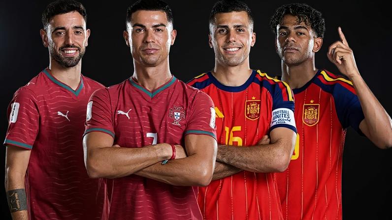 Os jogadores Bruno Fernandes e Cristiano Ronaldo, de Portugal; Rodri e Lamine Yamal da Espanha