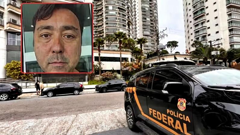 Apartamento da ex-esposa de Victor Henrique de Oliveira Shimada foi alvo de mandado de busca e apreensão em Santos (SP) — Foto: Diego Bertozzi/TV Tribuna e Reprodução/Globonews
