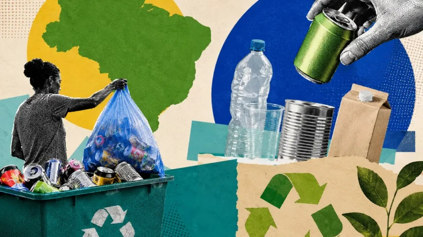 Ser reciclável e ser reciclado continuam sendo dois fatos distintos que o mercado ainda precisa aprender a separar. (Foto: Imagem criada utilizando Open AI/Gazeta do Povo)