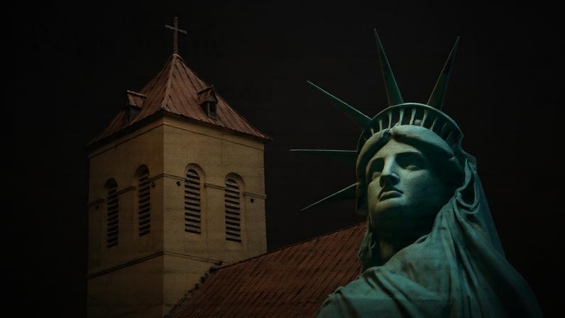 A church and the Statue of Liberty.