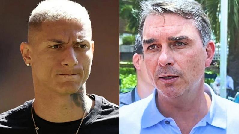 Na imagem, o jogador do Tottenham Richarlison (à esq.) e o pré-candidato à Presidência Flávio Bolsonaro (à dir.)