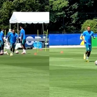 Neymar aparece descontraído em treino, brinca com Danilo e exibe habilidade