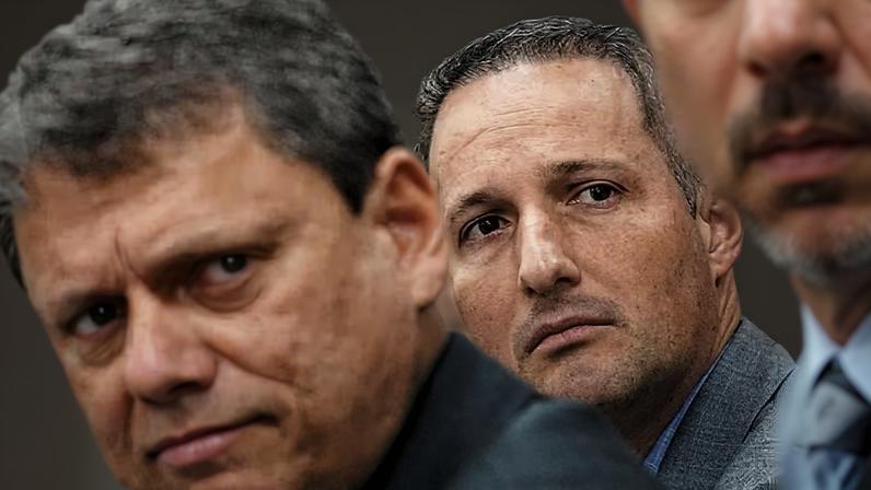 O governador Tarcísio de Freitas e o pré-candidato ao Senado Guilherme Derrite Foto: Rogério Casimiro | governo do Estado de SP