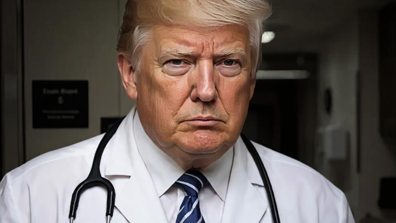 Nas imagens, o republicano veste jaleco branco e estetoscópio para diagnosticar pacientes com a sigla “TDS”