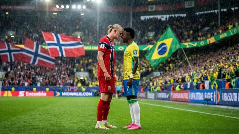 Haaland e Vinicius Jr. podem protagonizar duelo direto pela Bola de Ouro — Foto: Imagem produzida com auxílio de IA