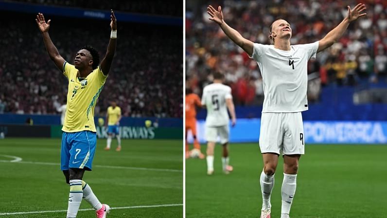 Vinicius Jr. atuando com a camisa da Seleção Brasileira (lado esquerdo) e Haaland vestindo a camisa da Noruega (lado direito) - (Crédito: Rafael Ribeiro - CBF, Nelson Terme - CBF e Paul ELLIS -AFP)