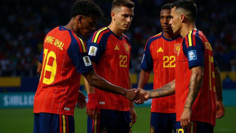 Spain's Pedro Porro celebrates scoring their second goal with Lamine Yamal and Pau Cubarsi