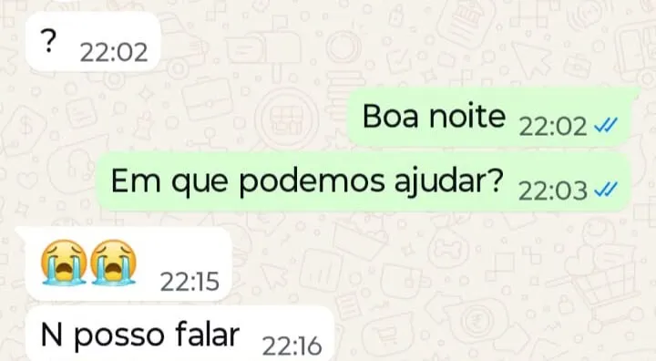 Captura de conversa no WhatsApp mostra pedido de ajuda à Guarda Municipal, com mensagens “Boa noite”, “Em que podemos ajudar?”, emojis de choro e a resposta “N posso falar”.
