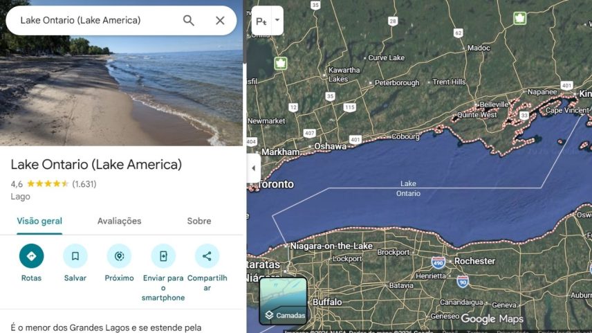 Google Maps muda nome do Lago Ontário para Lago América nos EUA