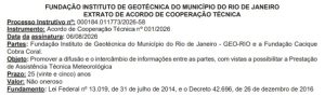 Despacho da cooperação entre Cacique Cobra Coral e prefeitura do Rio de Janeiro | Foto: Diário Oficial do Rio de Janeiro