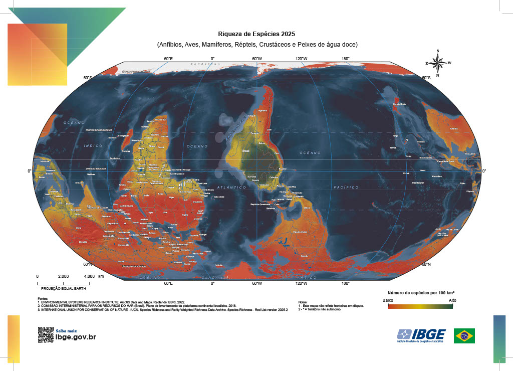Mapa-múndi Riqueza das Espécies com Brasil no centro. | Divulgação/IBGE