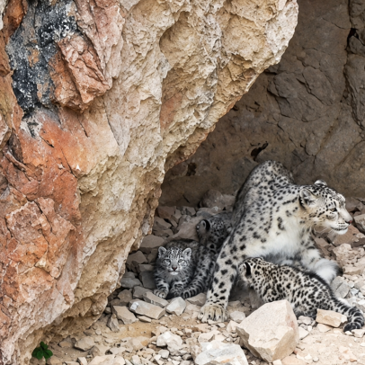 Vídeo raro mostra leoparda-das-neves com filhotes em montanha na China