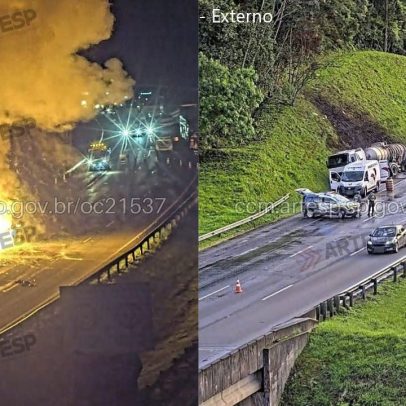Carretas pegam fogo após colisão, e Rodoanel é interditado em SP