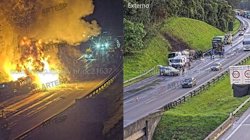 Carretas pegam fogo após colisão, e Rodoanel é interditado em SP