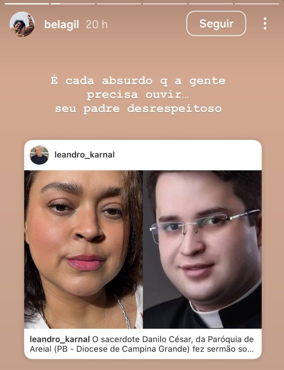 Bela Gil critica padre por intolerância religiosa e classifica como 'absurdo' Postagem foi feita nas redes sociais por Bela Gil, irmã de Preta Gil, em relação ao padre investigado por intolerância religiosa (Foto: Redes sociais)
