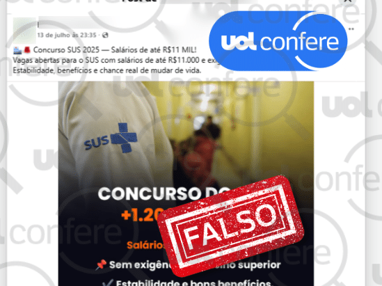 Golpistas criam posts falsos de concurso do SUS com salários de até R$ 11 mil Post direciona usuário para link suspeito (Foto: Arte/UOL sobre Reprodução Facebook)